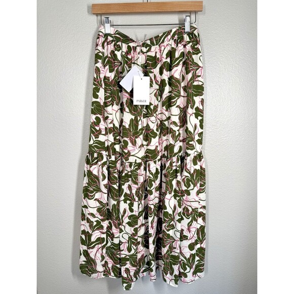 NWT Parker Floral Tiered Midi Skirt Egret White Green Pink Sz 2 Spring Boho New - Picture 2 of 13